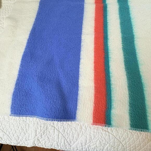 Baby Blanket Feel Striped Blue Aqua Red Vintage Camping Blanket Style But SOFT - Picture 7 of 15